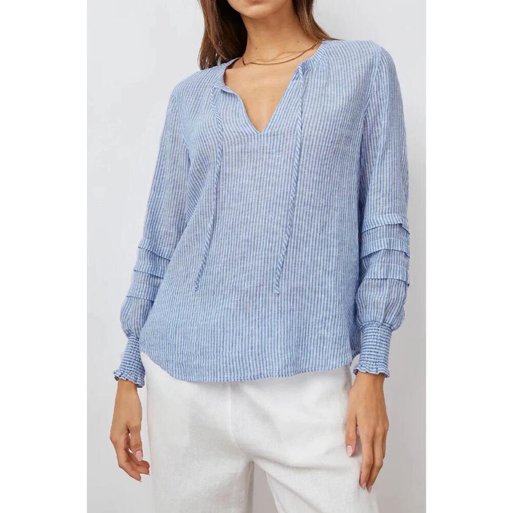 Rails Blue White Striped Linen Blend Top S | Coastal Preppy Smocked Blouse
